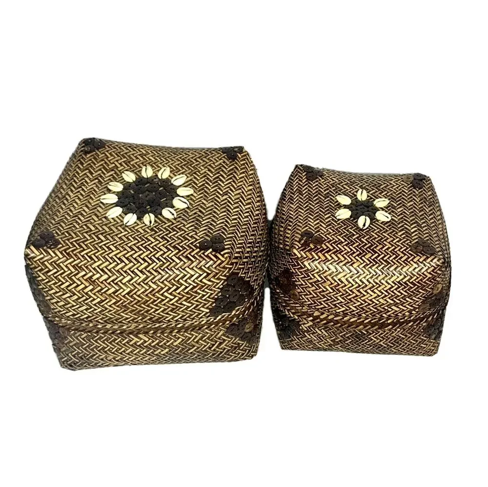 Square Chunky Hand Woven Nesting Baskets Shell & Button Lid Storage Boho Coastal